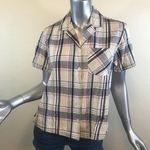 Women's Petite Small Erika Button Front Shirt Cotton Plaid Striped Top